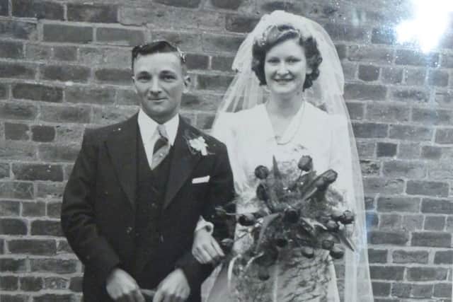 Kate and Jim Drury on their wedding day in 1946 EMN-160426-063020001