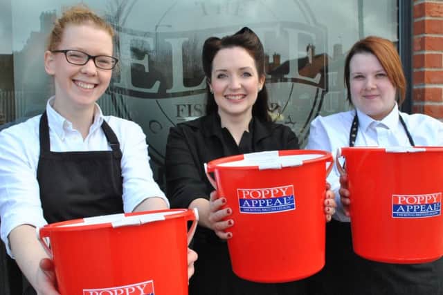 Lincolnshire wartime singer Heather Marie (pictured centre) will be performing at The Elite restaurant in Sleaford to raise funds for the Royal British Legion's Poppy Appeal. She is pictured here with Rachel Tweedale and Sophie Spright from The Elite Fish & Chip Company. EMN-160428-150200001