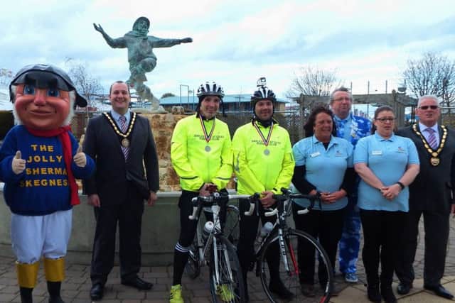 Jon Bebb and Tony Walker are welcomed to Skegness after a 95-mile ride from Leicester. Photo: Graham Cummings, Skegness Ambassador Photographer. ANL-160205-133041001
