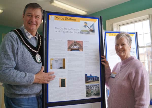 Mayor John Matthews and Hazel Barnard from Rase Heritage Society at the exhibition in the Old Police Station EMN-160505-131940001
