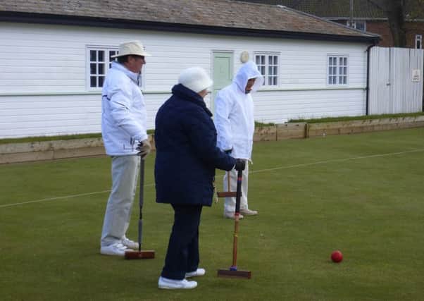 Barrie Darling and Anne Potter from Woodhall Spa Croquet Club watch a Norwich player decide where to hit the red ball.
