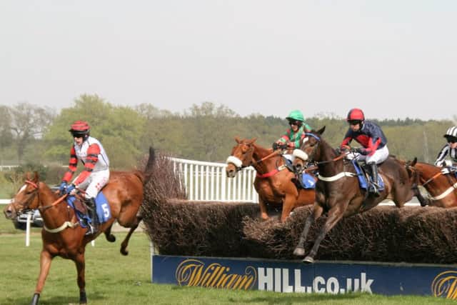 Runners take a fence in the first chase of the afternoon.