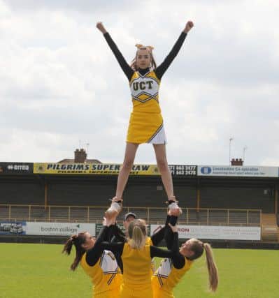 Greg Mustill memorial football match at Boston United Football ground. Cheerleeders performing at half time