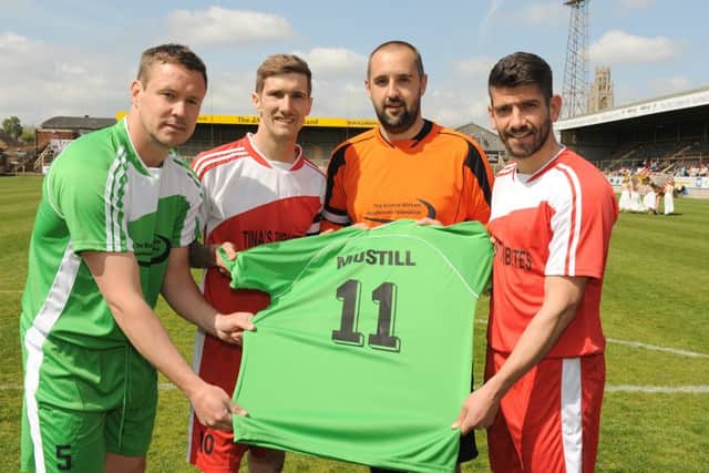 Greg Mustill memorial football match at Boston United Football ground. L-R Danny Granville (professional player), Danny Mustill, Peter Cook, Danny Butterfield Butterfield (professional player)