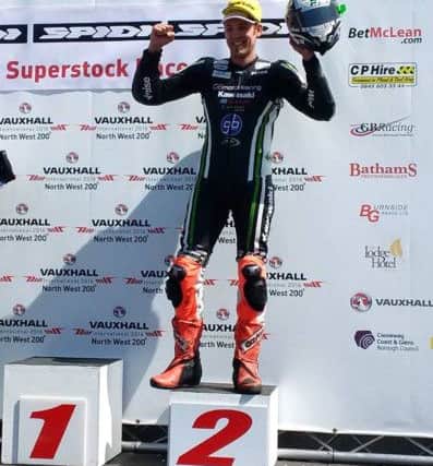 Peter Hickman on the second step of the podium for the Superstock race. Photo: Baylon McCaughey