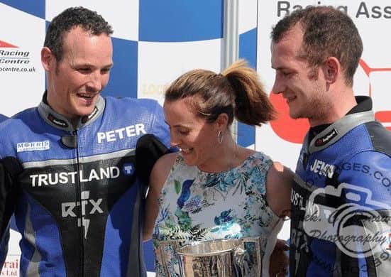 Jevan and Pete receive the Bill Boddice trophy from Bills granddaughter Jennie Simmonds EMN-160516-162754002