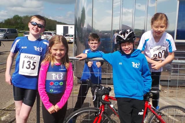 Tri3 Sleaford Triathlon Club junior William, Keighley, Ewan, Jack and Megan pictured at Prestwold Duathlon.