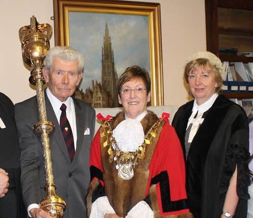 Councillor Eileen Ballard was elected the Mayor of Louth for 2016/17. (Pictured with the Mayor's Serjeant Glenn Darnell and Town Clerk Linda Blankley).