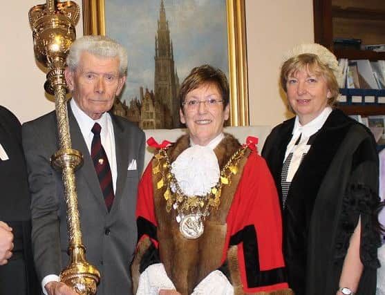 Councillor Eileen Ballard was elected the Mayor of Louth for 2016/17. (Pictured with the Mayor's Serjeant Glenn Darnell and Town Clerk Linda Blankley).