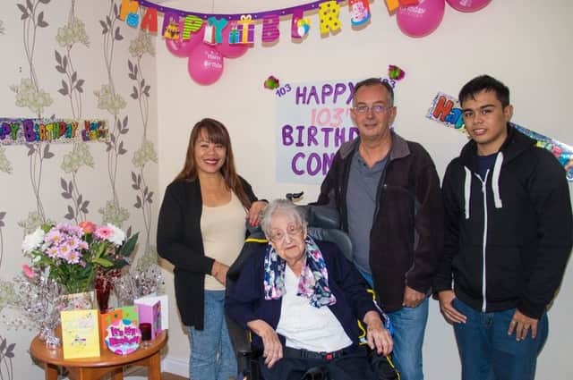 Connie pictured with some family members that came to visit her on her special day. Photo: Trevor Bradford.