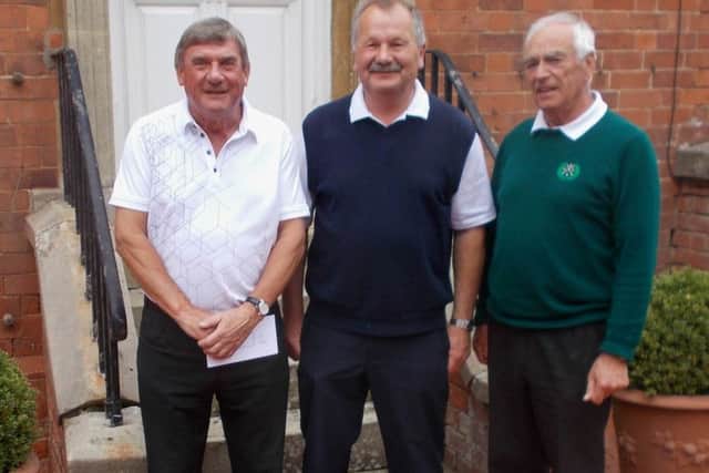 Seniors Invitation Day winners Ron Irwin (left) and Brian Handley (right) with Seniors' Captain Roger Culpin EMN-160523-093537002