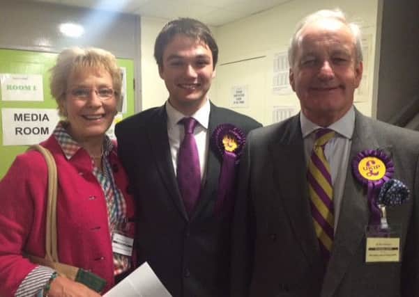 Robin Hunter-Clarke (centre) with Christine and Neil Hamilton on the night of the May 2015 General Election.