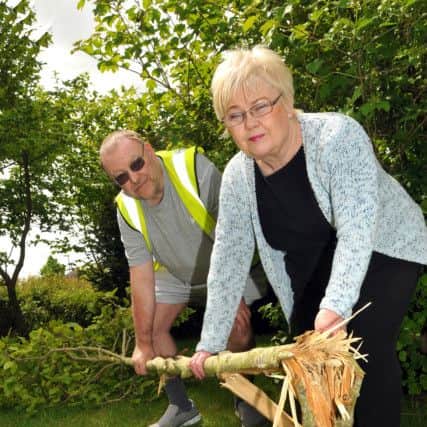 Voluntary community park warden Steve Pulfrey and Gill Lunn of IDEA with a damaged tree at Flinders Park, Donington. Photo by Tim Wilson.
