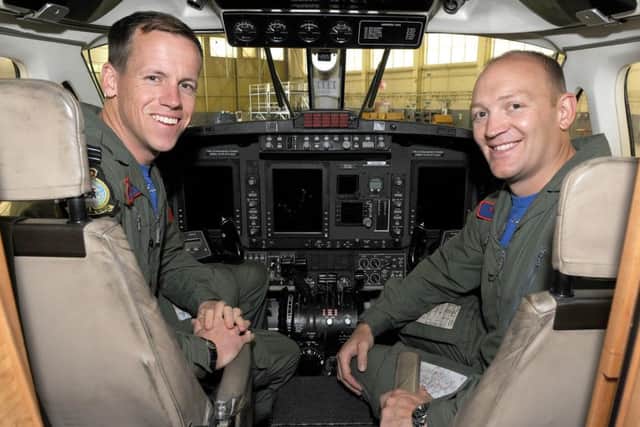 45(Reserve) Squadron media event at RAF Cranwell. Flt Lt Joe Munro and Flt Lt Rob Grocock sitting in the cockpit of a Kingair B200 GT. EMN-160524-105927001