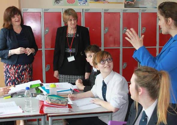 QEGS head Heather Payne with Ms Atkins and Ms Morgan and students EMN-160525-151828001