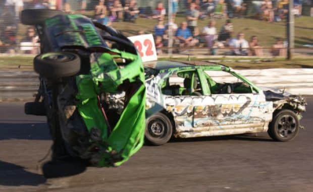 Banger action at Skegness Stadium. ANL-160531-150932001