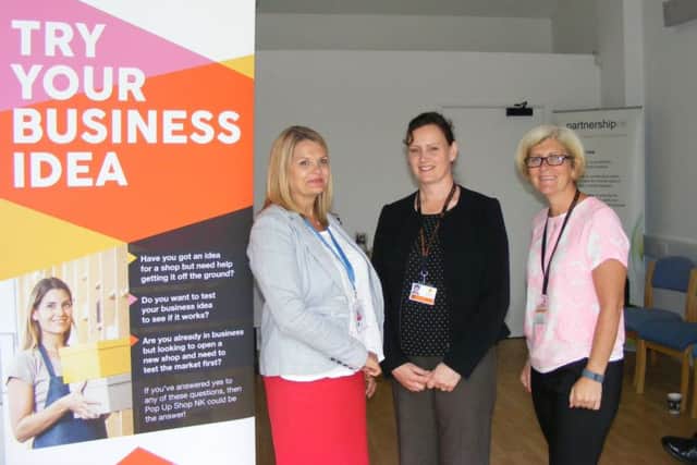 At the Pop Up shop open session in Sleaford, from left - Debra Lee (CAB Mid-Lincolnshire), Luisa McIntosh (Partnership NK), and Michelle Tasker (NKDC Economic Development Department. EMN-160407-121045001