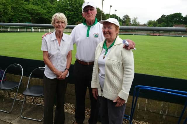 Jubilee Park ladies' singles champion Rene Mathews (right) with runner-up Diane Turner and club chairman Bernie Buck.