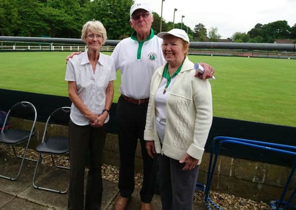 Jubilee Park ladies' singles champion Rene Mathews (right) with runner-up Diane Turner and club chairman Bernie Buck.