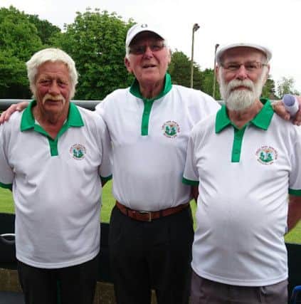 Jubilee Park men's singles champion Pete Frost (right) with runner-up Alf Herrick and club chairman Bernie Buck.