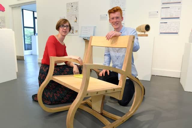 Lincs Young Designer Awards at NCCD. Young Designer of the Year, Oliver Means 18 pictured with Head of Exhibitions at NCCD, Bryony Windsor. EMN-160807-132403001