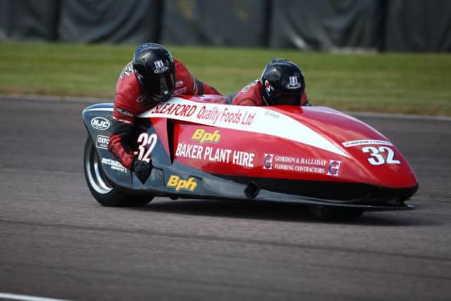 Gary Horspole and passenger Jimmy Connell in action at Thruxton. Photo: Dave Yeomans