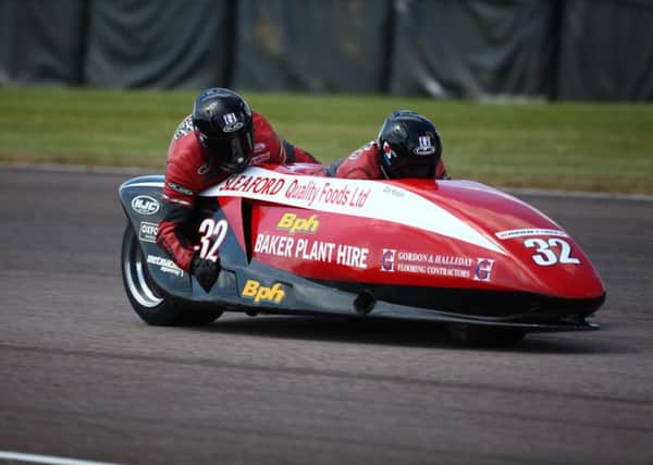 Gary Horspole and passenger Jimmy Connell in action at Thruxton. Photo: Dave Yeomans