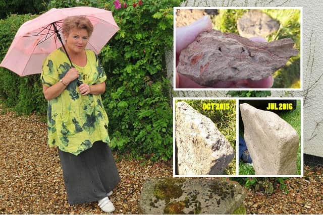 Local campaigner Prisca Furlong. (Inset: Roman brick found at the site, and the 'glacial erratic' stone found alongside it).
