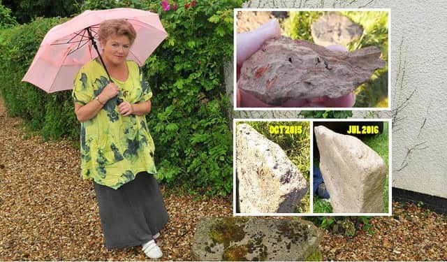 Local campaigner Prisca Furlong. (Inset: Roman brick found at the site, and the 'glacial erratic' stone found alongside it).