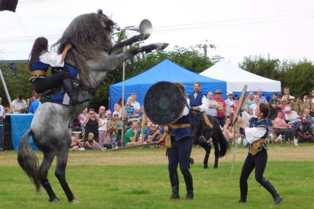 High kicks in the main ring at Heckington Show from Atkinson's Action Horses. EMN-160731-005459001