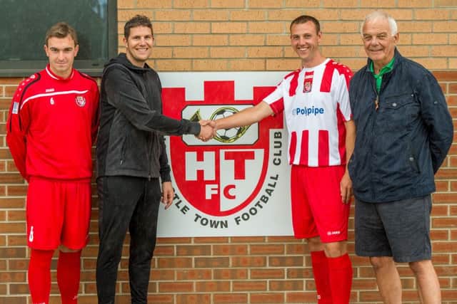 Andrew Janney and John bush of Polypipe who sponsored the first team's new home kit and warm-up tops and shirts, pictured with skipper Chris Johnson and Steve Brown who are wearing the kit. Photo: John Aron