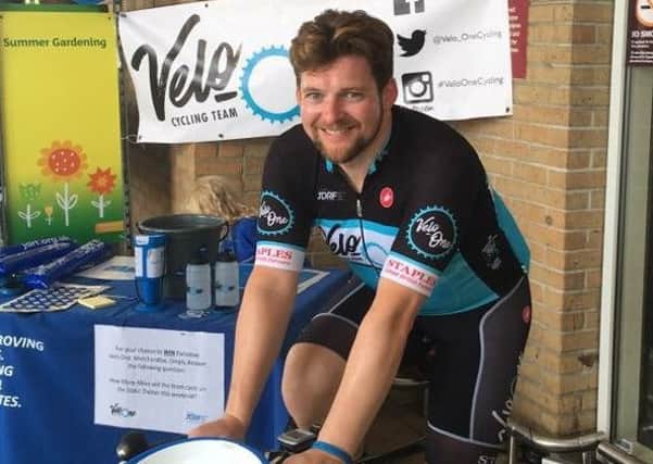 Velo-One Cycling Team member Dan Carr helps raise awareness of adopted charity JDRF (Juvenile Diabetes Research Foundation) at Sainsburys store in Spalding
