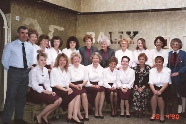 Bill Kirk with the staff taken on the last Saturday of trading as Masons, April 28, 1990. Photo: Sue Kirk