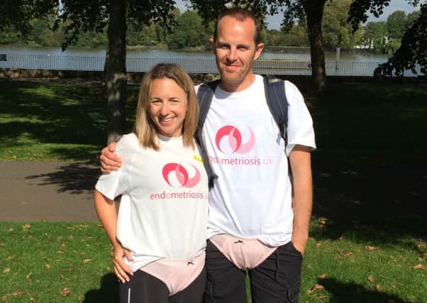 Jody Stewart and husband Simon completed a charity walk across London in pink pants