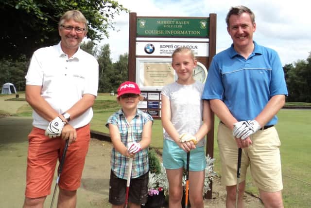 Grant Hinchliffe, (left) and Mike Perry (right) with debutants Daisy Marshall, and Millie Perry EMN-160508-115054002