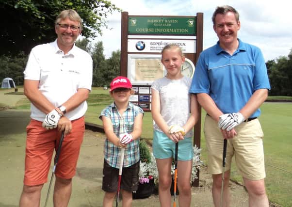 Grant Hinchliffe, (left) and Mike Perry (right) with debutants Daisy Marshall, and Millie Perry EMN-160508-115054002