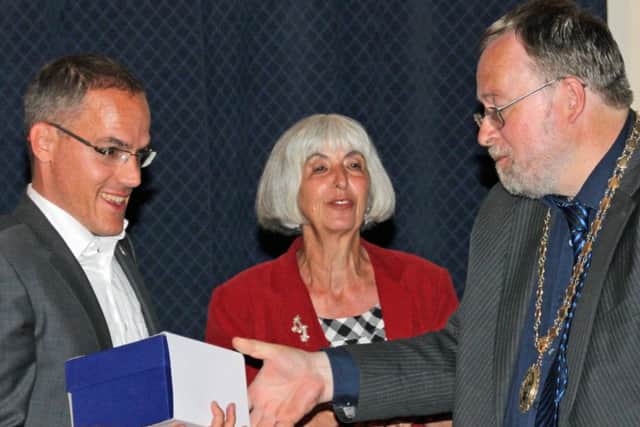 Thomas Krieger with Sheila Wheeldon and Sleaford Mayor David Suiter