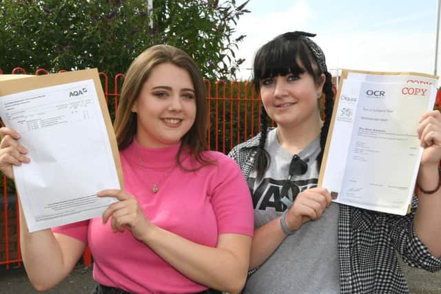 Students collecting their A-Level results Haven High Academy. L-R Demi Ward 18, Marissa Bent 18.
