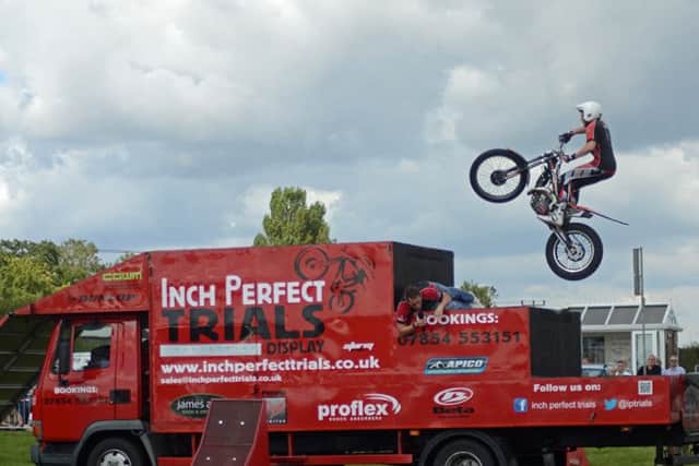 The Inch Perfect Trials motorcycle Display team gave daring acts of skills for the many visitors to sundays Wragby Show and Country Fayre. EMN-160829-141110001