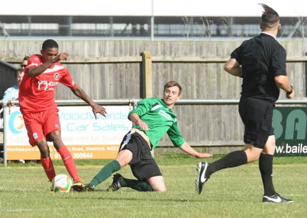 Action from Sleaford Town's FA Cup clash with Stamford on Saturday. Photo: David Dawson