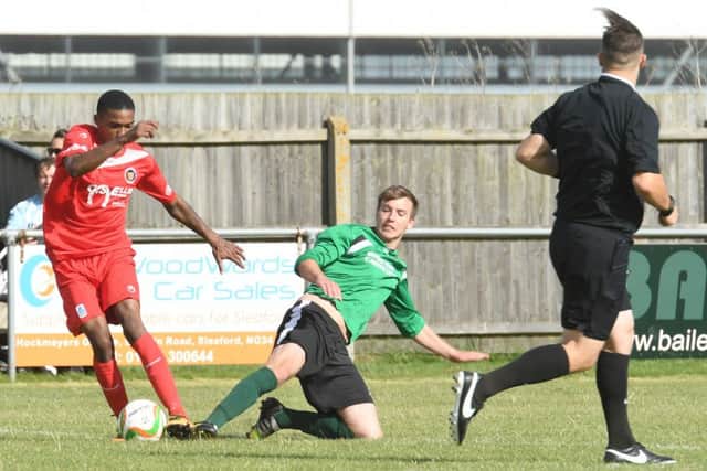 Action from Sleaford Town's FA Cup clash with Stamford on Saturday. Photo: David Dawson