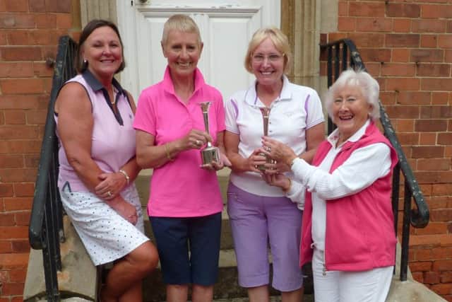From left, Kenwick Park lady captain Penny Buckley with winners Sue Burkitt and Mabel Blackburn, and sponsor Brenda Blundell EMN-160825-113142002