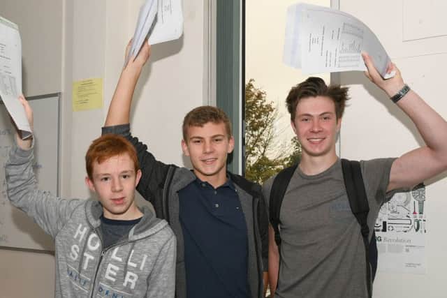 GCSE Results, Carres Grammar School. L-R Lewis Pointon 16, Ethan Wright 16, Reece Whiteley 16.