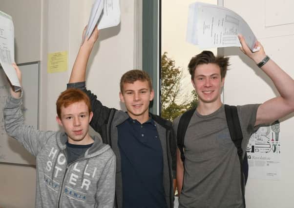 GCSE Results, Carres Grammar School. L-R Lewis Pointon 16, Ethan Wright 16, Reece Whiteley 16.
