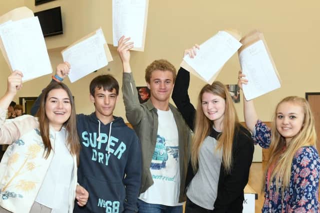 GCSE Results, St George's Academy. L_R Roberta Kuznecobaite 16, Jake Mighall 16, Dylan Hewitt 16, Charlotte Ingram-Jannetta 16, Hannah Smith 16.
