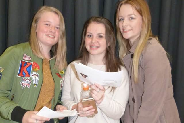 Lucy Pearson, left, will study sport, sociology and photography at Franklin College; Chloe Pixsley is to go to Grimsby Institute to study business and finance and Jasmine Minns will go to Franklin College to study fine art and health and social studies.  (Lin) EMN-160825-155901001