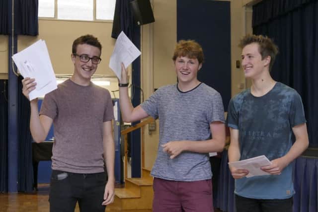 Vale Academy students Alex Nightingale, Harvey Stevenson and Jacob Burnett celebrate.
Alex achieved three A*, five A, two B and one C grade; Harvey achieved 11 A* and one A grade; Jacob achieved four A, four B and one C grade. EMN-160825-170109001