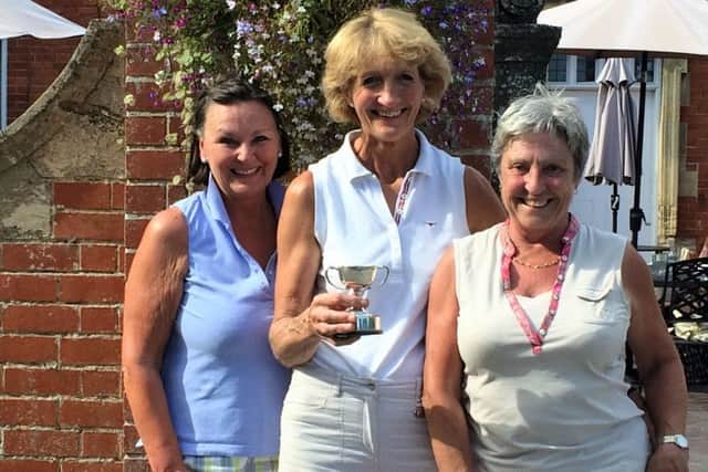 From left, lady captain Penny Buckley who finished second, Clabett Cup winner Freda Cooper and sponsor Julia Labett EMN-160826-095754002