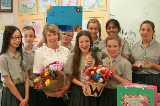 Long serving art teacher at Caistor Grammar School Ailsa Wish pictured with students in the art room on her last day. EMN-160831-143650001