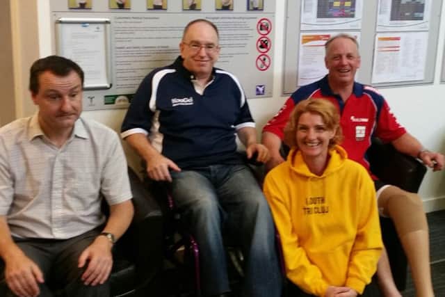 Talented team: Blind runner Steve Pim, wheelchair-bound swimmer Malcolm Trevor, triathlon coach and team captain Mags Hutchings and cyclist Michael Heward.